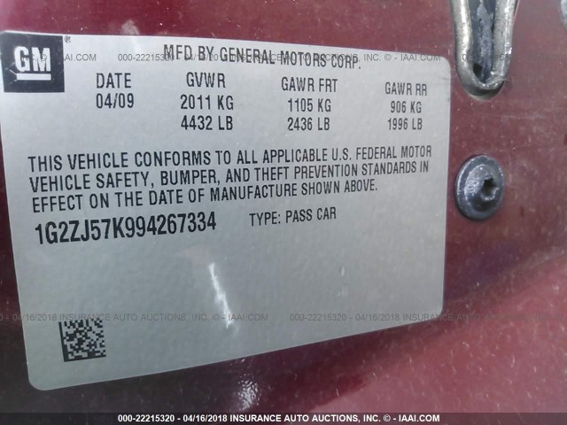 1G2ZJ57K994267334 - 2009 PONTIAC G6 MAROON photo 9