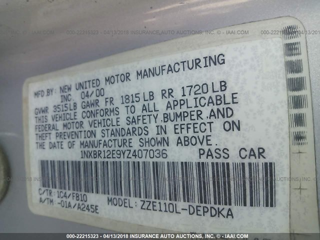 1NXBR12E9YZ407036 - 2000 TOYOTA COROLLA VE/CE/LE 银色 照片 9