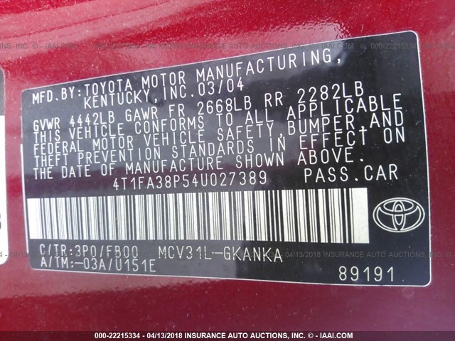 4T1FA38P54U027389 - 2004 TOYOTA CAMRY SOLARA SE/SLE წითელი ფოტო 9