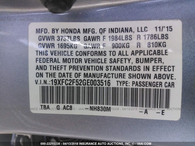 19XFC2F52GE003516 - 2016 HONDA CIVIC LX SILVER photo 9