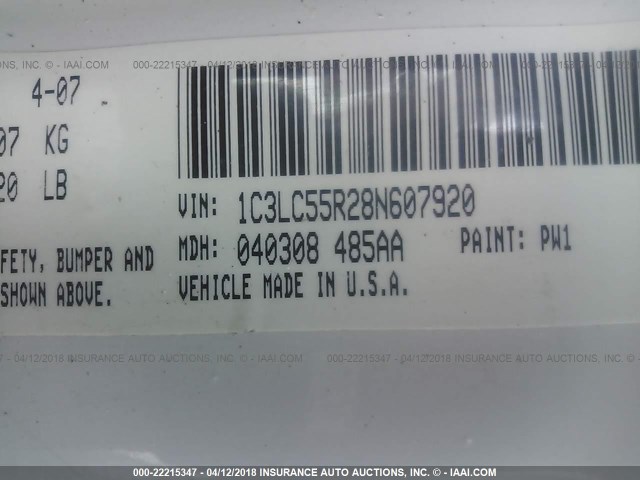 1C3LC55R28N607920 - 2008 CHRYSLER SEBRING TOURING WHITE photo 9