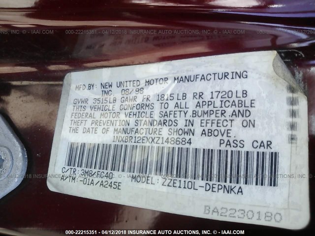 1NXBR12EXXZ148684 - 1999 TOYOTA COROLLA VE/CE/LE MAROON photo 9