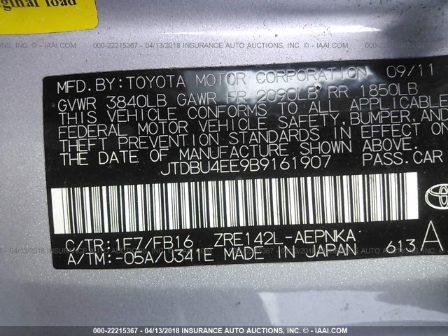 JTDBU4EE9B9161907 - 2011 TOYOTA COROLLA S/LE SILVER photo 9