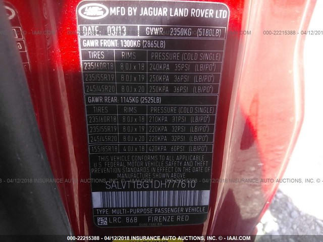 SALVT1BG1DH777610 - 2013 LAND ROVER RANGE ROVER EVOQU DYNAMIC PREMIUM RED photo 9