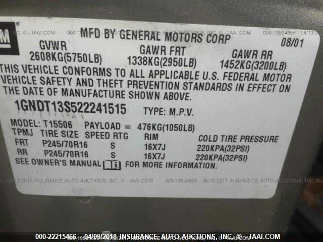 1GNDT13S522241515 - 2002 CHEVROLET TRAILBLAZER  GRAY photo 9