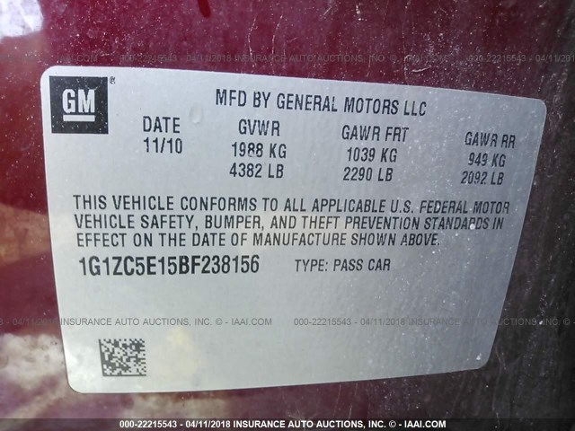 1G1ZC5E15BF238156 - 2011 CHEVROLET MALIBU 1LT 红色 照片 9