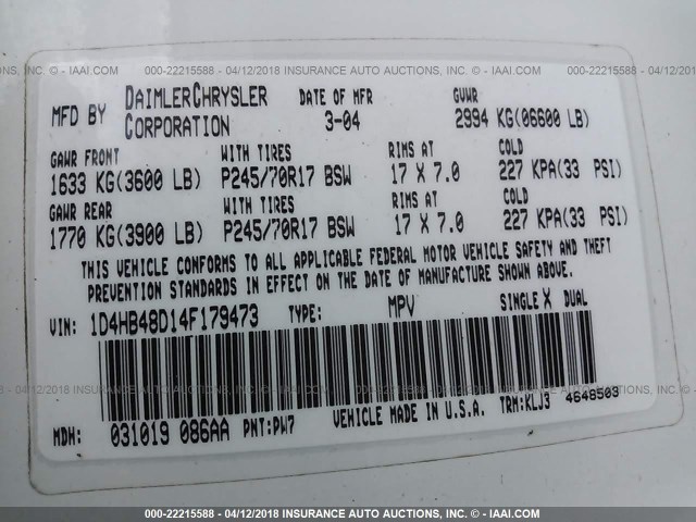 1D4HB48D14F179473 - 2004 DODGE DURANGO SLT WHITE photo 9