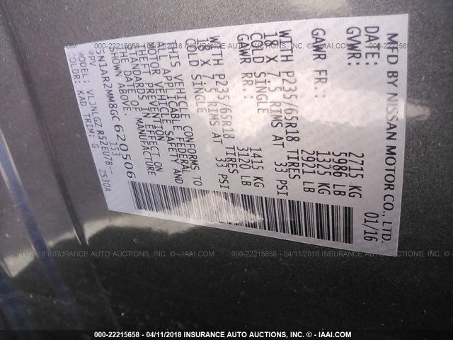 5N1AR2MM8GC620506 - 2016 NISSAN PATHFINDER S/SV/SL/PLATINUM 灰色 照片 9