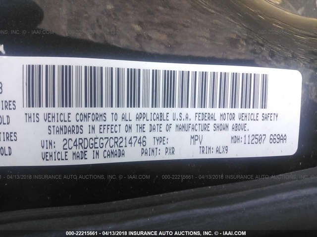 2C4RDGEG7CR214746 - 2012 DODGE GRAND CARAVAN R/T BLACK photo 9