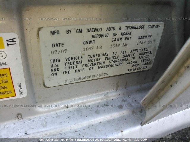 KL1TD56638B056676 - 2008 CHEVROLET AVEO LS 银色 照片 9