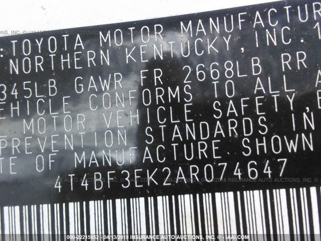 4T4BF3EK2AR074647 - 2010 TOYOTA CAMRY SE/LE/XLE 银色 照片 9