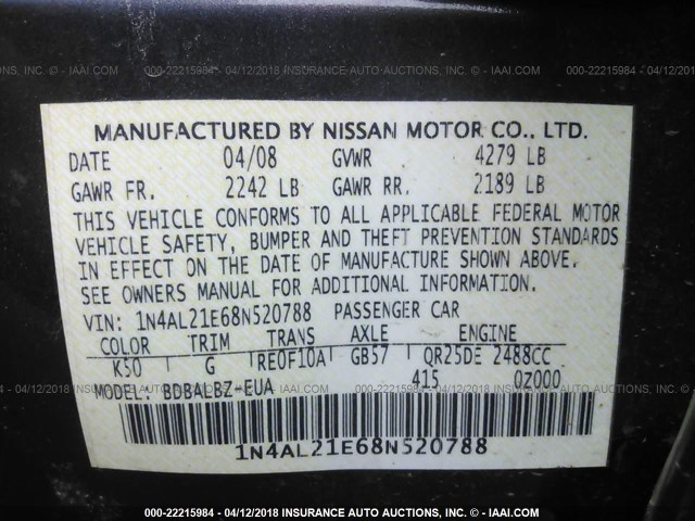 1N4AL21E68N520788 - 2008 NISSAN ALTIMA 2.5/2.5S GRAY photo 9