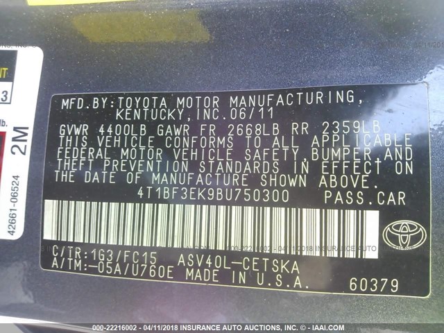 4T1BF3EK9BU750300 - 2011 TOYOTA CAMRY SE/LE/XLE GRAY photo 9