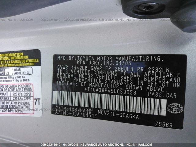 4T1CA38P45U059058 - 2005 TOYOTA CAMRY SOLARA SE/SLE Boz foto 9