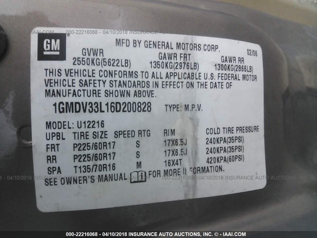 1GMDV33L16D200828 - 2006 PONTIAC MONTANA SV6 BROWN photo 9