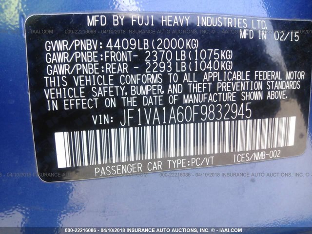 JF1VA1A60F9832945 - 2015 SUBARU WRX BLUE photo 9