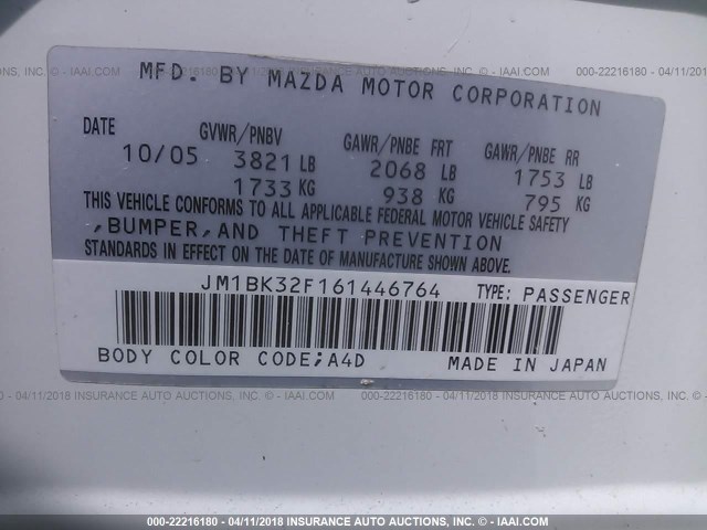 JM1BK32F161446764 - 2006 MAZDA 3 I WHITE photo 9