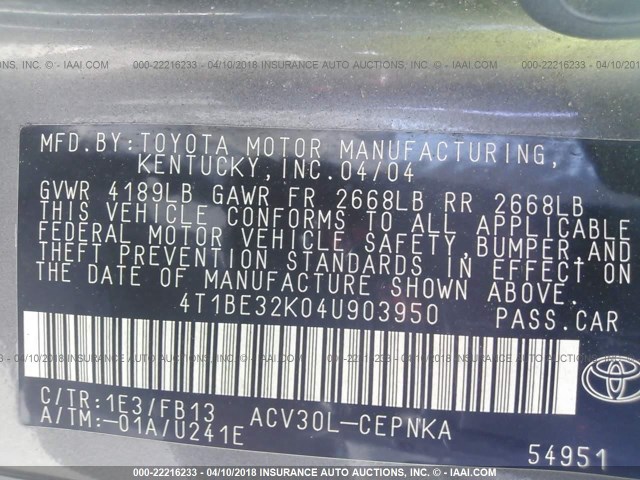 4T1BE32K04U903950 - 2004 TOYOTA CAMRY LE/XLE/SE GRAY photo 9