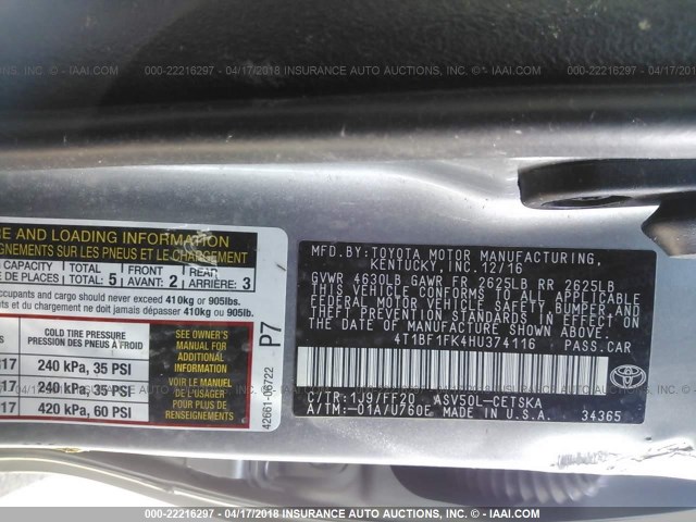 4T1BF1FK4HU374116 - 2017 TOYOTA CAMRY LE/XLE/SE/XSE ვერცხლისფერი ფოტო 9