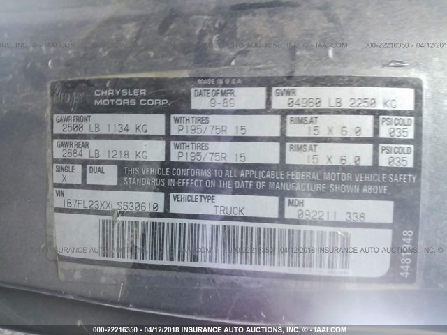 1B7FL23XXLS630610 - 1990 DODGE DAKOTA GRAY photo 9