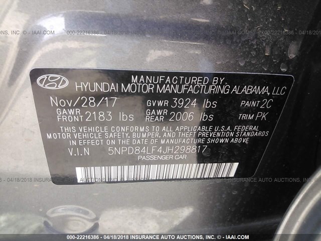 5NPD84LF4JH298817 - 2018 HYUNDAI ELANTRA SEL/VALUE/LIMITED GRAY photo 9