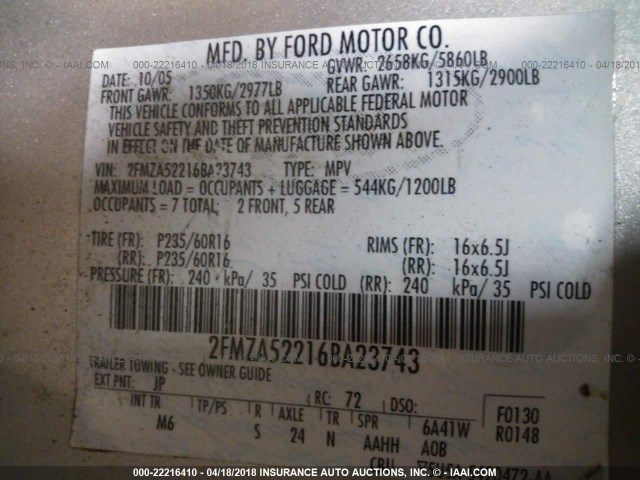 2FMZA52216BA23743 - 2006 FORD FREESTAR SEL SILVER photo 9