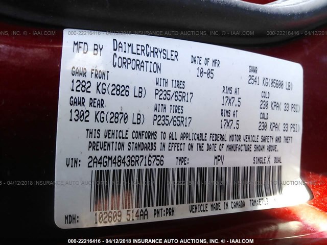 2A4GM48436R716756 - 2006 CHRYSLER PACIFICA RED photo 9