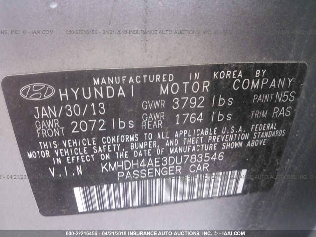 KMHDH4AE3DU783546 - 2013 HYUNDAI ELANTRA GLS/LIMITED SILVER photo 9