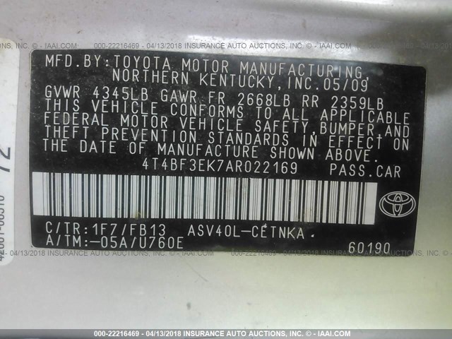 4T4BF3EK7AR022169 - 2010 TOYOTA CAMRY SE/LE/XLE 银色 照片 9