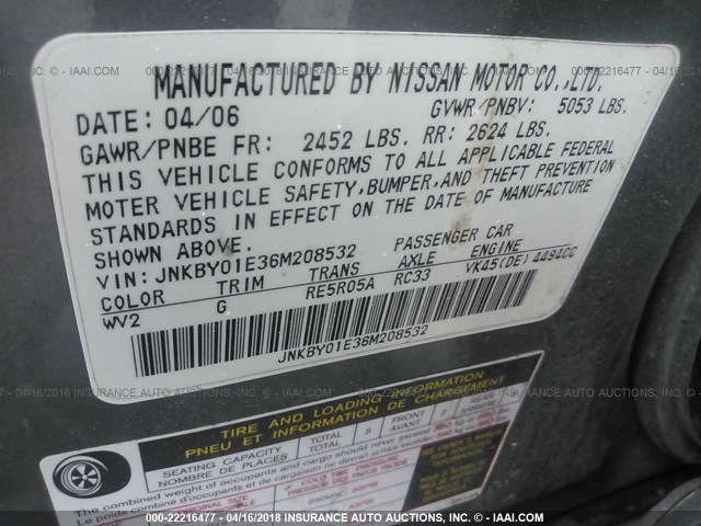 JNKBY01E36M208532 - 2006 INFINITI M45 SPORT GRAY photo 9