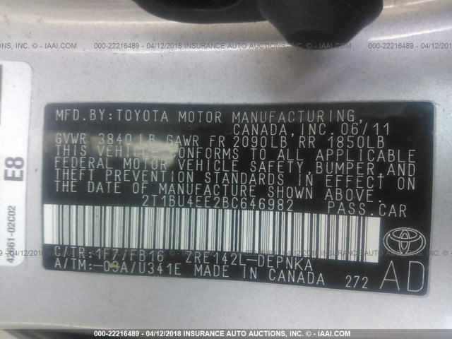 2T1BU4EE2BC646982 - 2011 TOYOTA COROLLA S/LE SILVER photo 9