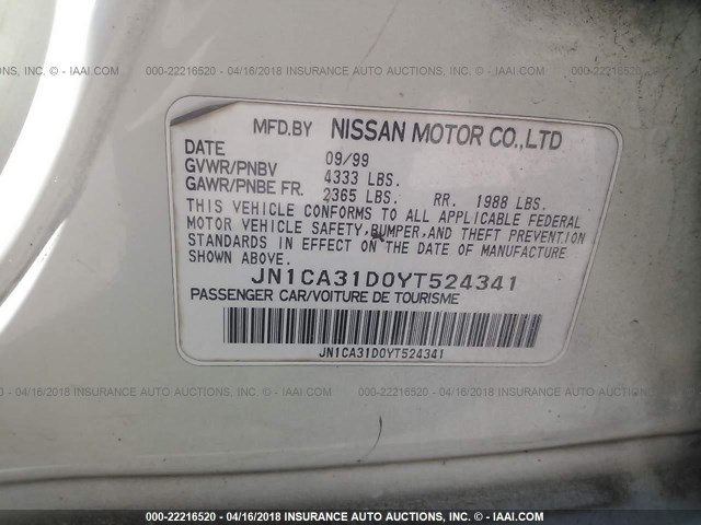 JN1CA31D0YT524341 - 2000 NISSAN MAXIMA GLE/GXE/SE WHITE photo 9