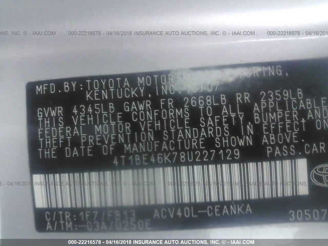 4T1BE46K78U227129 - 2008 TOYOTA CAMRY CE/LE/XLE/SE GRAY photo 9