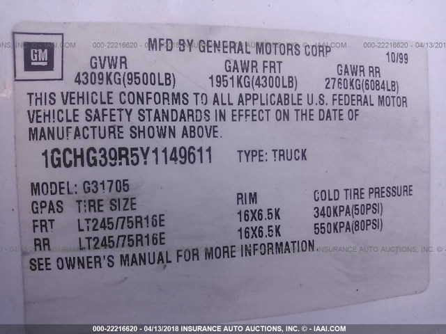 1GCHG39R5Y1149611 - 2000 CHEVROLET EXPRESS G3500  WHITE photo 9