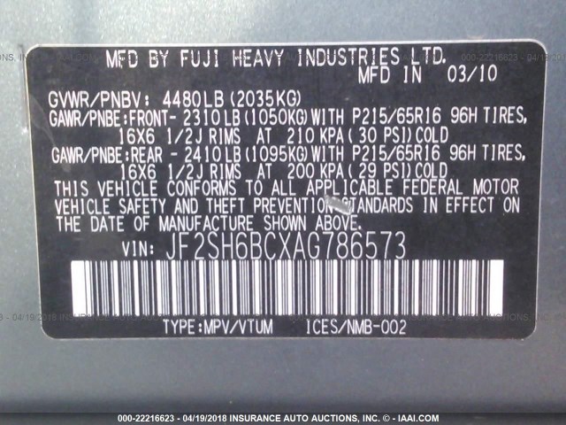 JF2SH6BCXAG786573 - 2010 SUBARU FORESTER XS Grau Foto 9