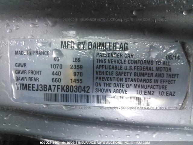 WMEEJ3BA7FK803042 - 2015 SMART FORTWO PURE/PASSION WHITE photo 9