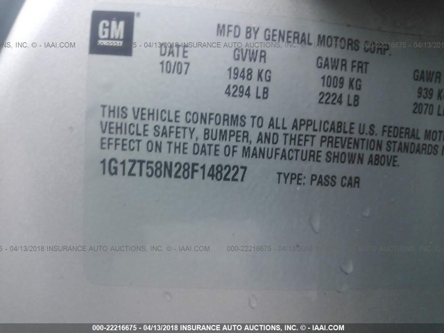 1G1ZT58N28F148227 - 2008 CHEVROLET MALIBU LT/CLASSIC SILVER photo 9