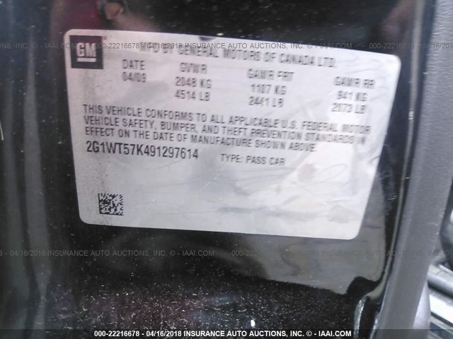 2G1WT57K491297614 - 2009 CHEVROLET IMPALA 1LT BLACK photo 9