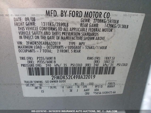2FMDK52C49BA32019 - 2009 FORD FLEX SEL ვერცხლისფერი ფოტო 9
