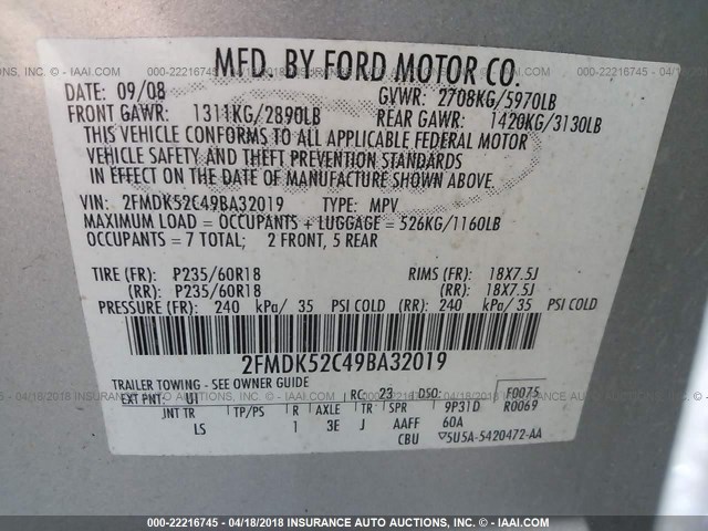 2FMDK52C49BA32019 - 2009 FORD FLEX SEL SILVER photo 9