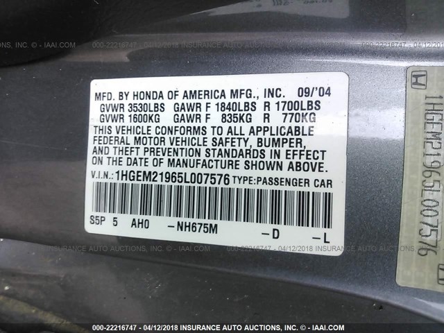 1HGEM21965L007576 - 2005 HONDA CIVIC EX SILVER photo 9