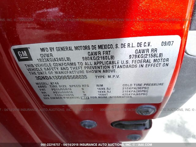 3GNDA13D98S568035 - 2008 CHEVROLET HHR LS RED photo 9