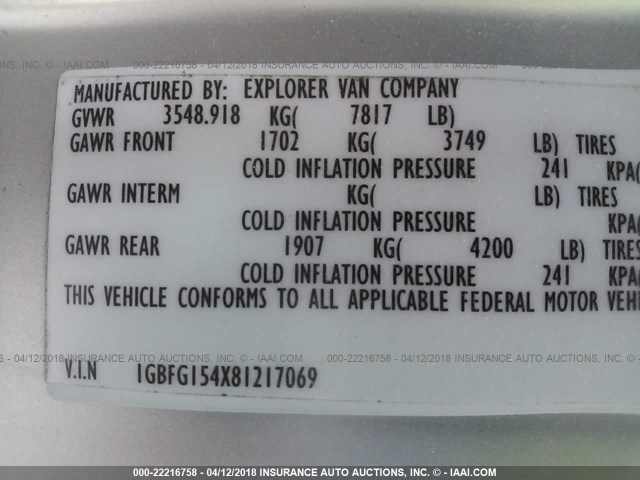 1GBFG154X81217069 - 2008 CHEVROLET EXPRESS G1500  SILVER photo 9