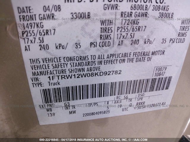 1FTRW12W08KD92782 - 2008 FORD F150 SUPERCREW GOLD photo 9