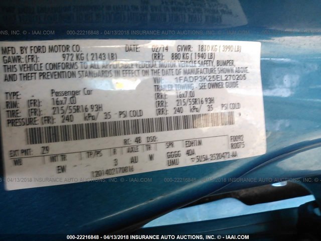 1FADP3K25EL270205 - 2014 FORD FOCUS SE BLUE photo 9