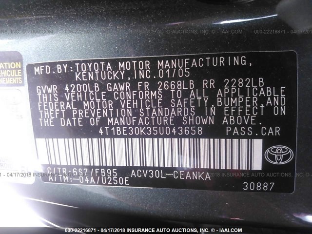 4T1BE30K35U043658 - 2005 TOYOTA CAMRY LE/XLE/SE GREEN photo 9