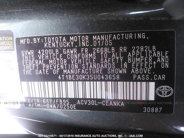 4T1BE30K35U043658 - 2005 TOYOTA CAMRY LE/XLE/SE მწვანე ფოტო 9