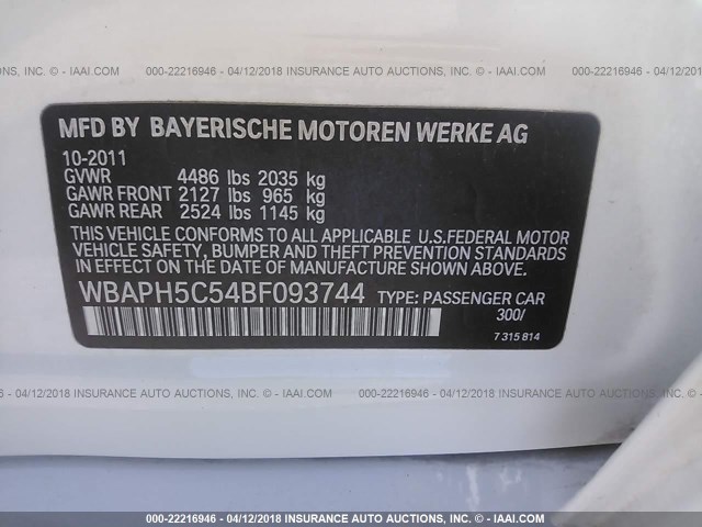 WBAPH5C54BF093744 - 2011 BMW 328 I SULEV WHITE photo 9