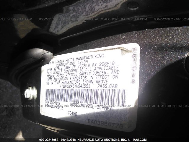 4T1BF22K5YU941591 - 2000 TOYOTA CAMRY LE/XLE GRAY photo 9