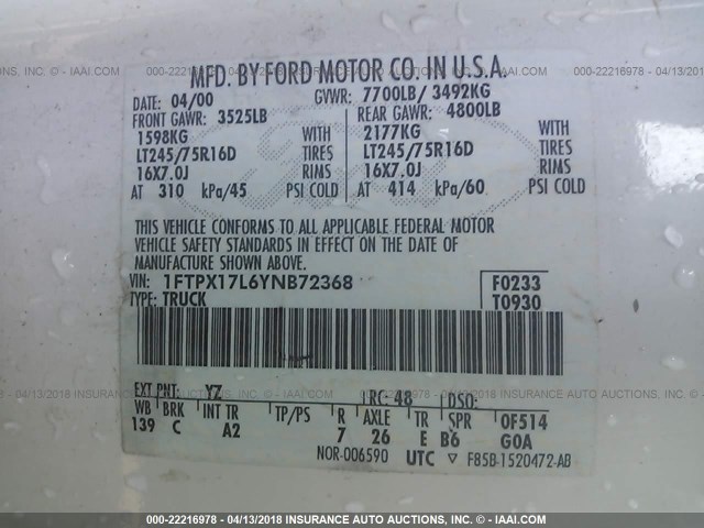 1FTPX17L6YNB72368 - 2000 FORD F150 WHITE photo 9